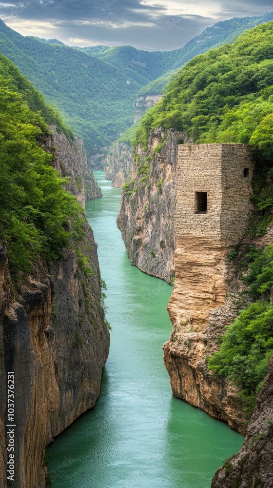 Fototapeta premium Explore a captivating jigsaw puzzle featuring enchanting fantasy landscapes nestled between towering cliffs and a serene river