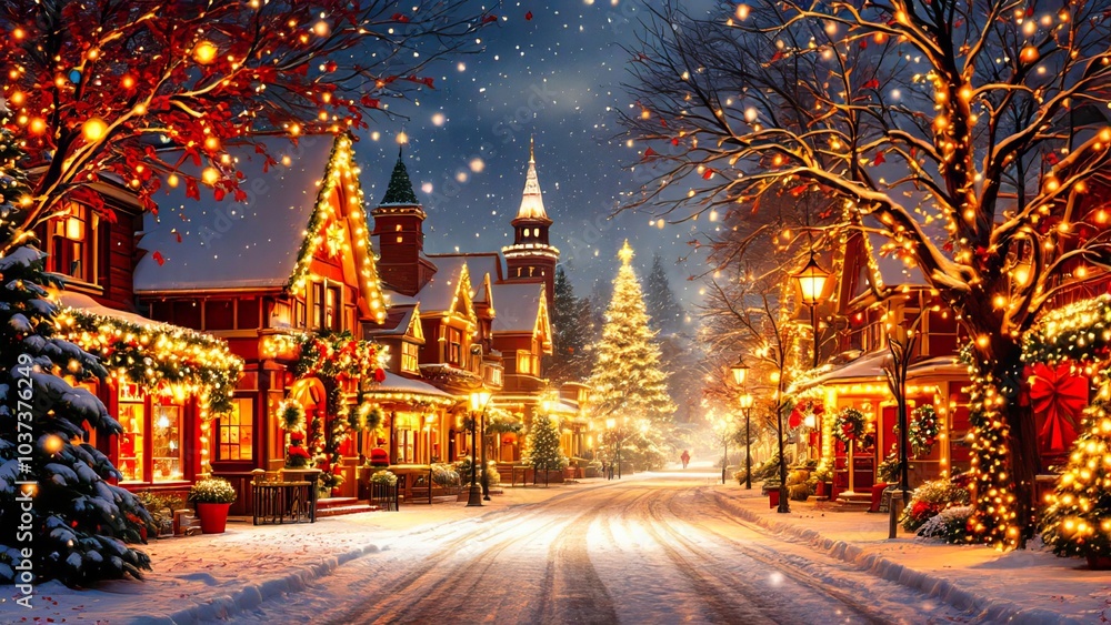 Fototapeta premium Christmas Village Street with Snow and Festive Lights for Winter Travel Background