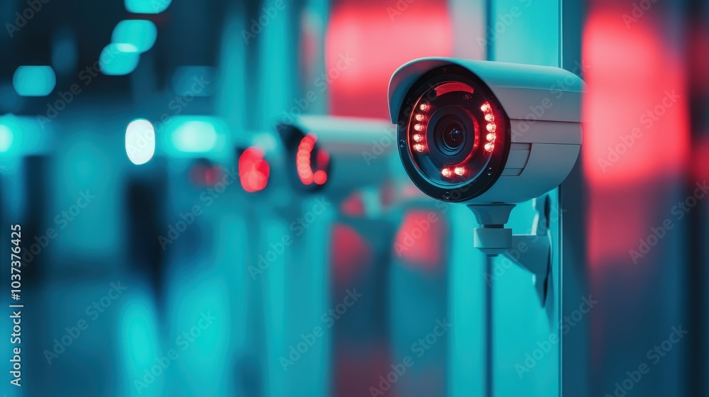 Row of surveillance cameras mounted on a wall, with a focus on one camera in the foreground, illuminated by red and blue lights, creating a futuristic and secure atmosphere Row of surveillance cameras mounted on a wall, with a focus on one camera in the foreground, illuminated by red and blue lights, creating a futuristic and secure atmosphere