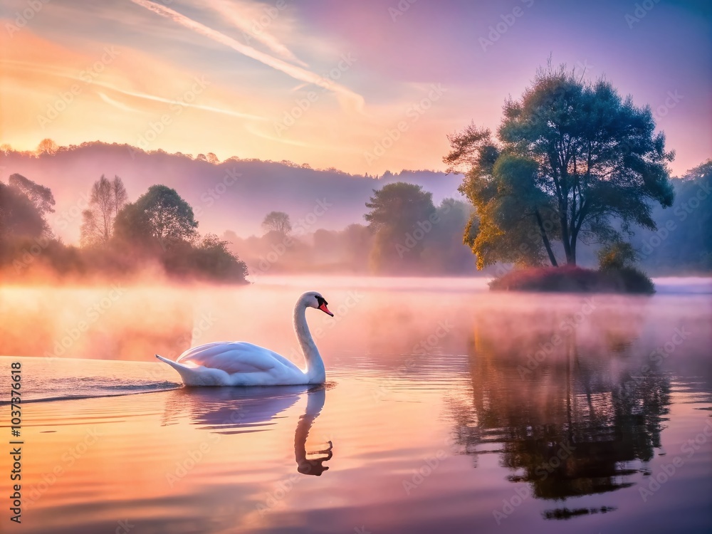 Fototapeta premium Serene Swan Gliding on Misty Waters - Ethereal Beauty in Nature's Tranquility