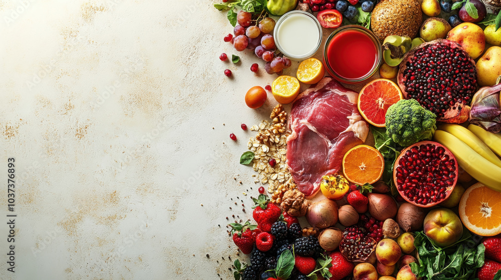 Fresh fruits, vegetables, and meats arranged beautifully on textured background, showcasing vibrant array of colors and textures. This composition highlights abundance of healthy food options Fresh fruits, vegetables, and meats arranged beautifully on textured background, showcasing vibrant array of colors and textures. This composition highlights abundance of healthy food options