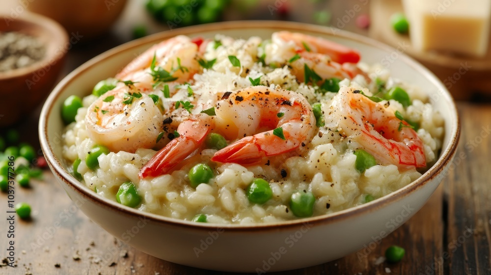 A mouthwatering bowl of creamy risotto, studded with plump shrimp, peas A mouthwatering bowl of creamy risotto, studded with plump shrimp, peas