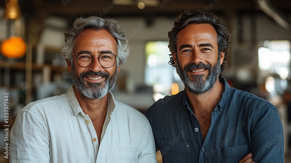 Middle-aged business partners smiling while posing in a modern office with a clean white glass wall in the background Middle-aged business partners smiling while posing in a modern office with a clean white glass wall in the background