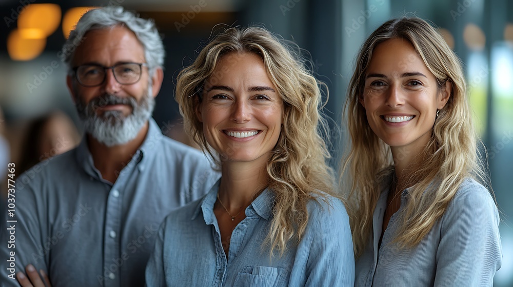 Middle-aged businesspeople smiling confidently in a modern office setting with a clean white glass wall as the backdrop Middle-aged businesspeople smiling confidently in a modern office setting with a clean white glass wall as the backdrop