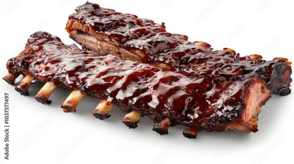 smoky and tender ribs with a shiny glaze on top against a white background smoky and tender ribs with a shiny glaze on top against a white background
