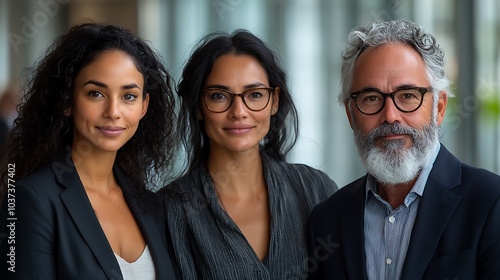 Middle-aged business colleagues posing confidently in front of a white glass wall in a well-lit office space