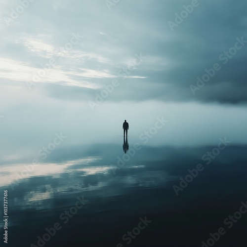 A solitary person stands in reflection on water amidst a vast, foggy, and dream-like landscape stretching endlessly. photo