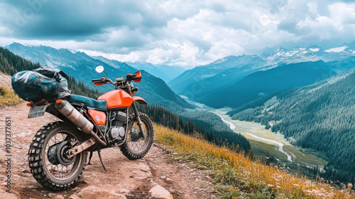 A motorcycle parked on a rugged dirt trail  with a scenic view of a valley below  suggesting an off-road adventure in a remote wilderness area --chaos