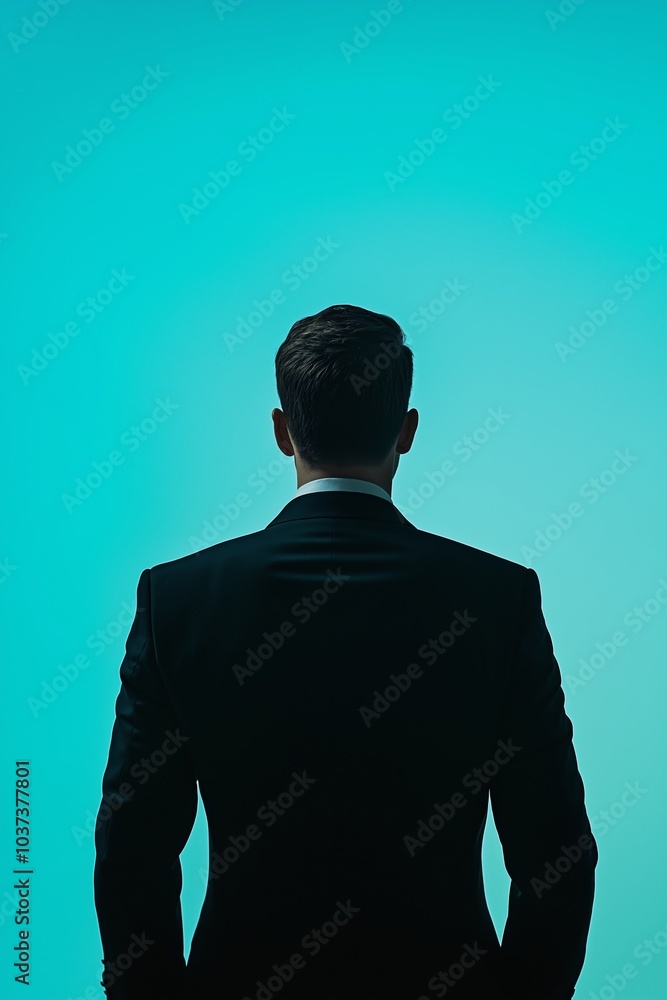 A man in silhouette stands against a turquoise backdrop, conveying strength, mystery, and modern sophistication. A man in silhouette stands against a turquoise backdrop, conveying strength, mystery, and modern sophistication.
