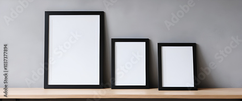 A trio of black frames of different seizes on a wooden shelf, creating a minimalist and modern aesthetic for interior spaces. photo