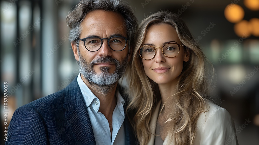 Professional man and woman in suits and glasses, posing thoughtfully in front of a white glass wall in a minimalist office Professional man and woman in suits and glasses, posing thoughtfully in front of a white glass wall in a minimalist office