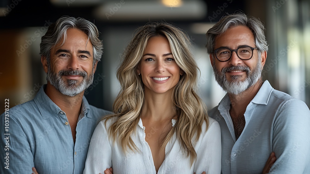 Smiling middle-aged business professionals posing in a bright, minimalist office with a white glass wall as the background Smiling middle-aged business professionals posing in a bright, minimalist office with a white glass wall as the background