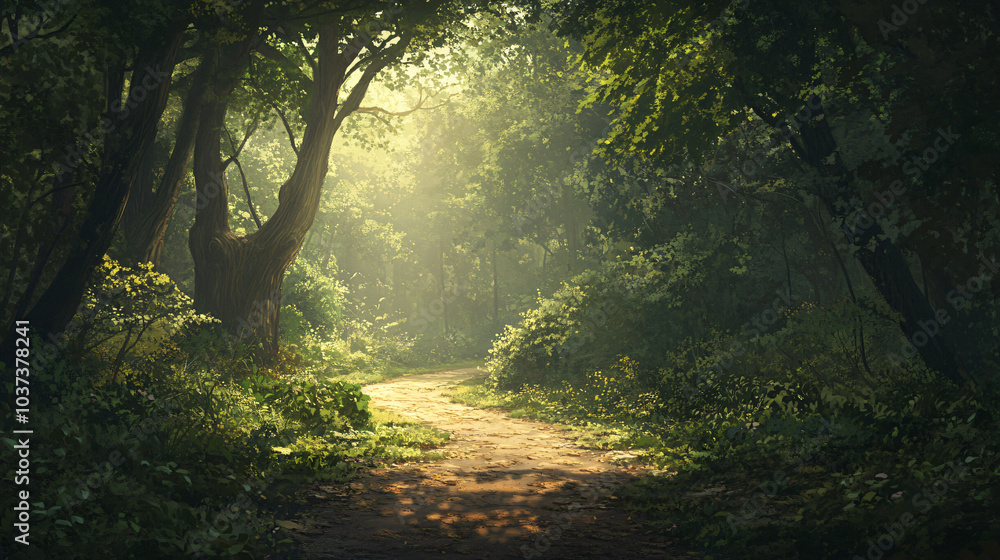 Obraz premium A pathway winding through a dense forest, with dappled sunlight filtering through the leaves.
