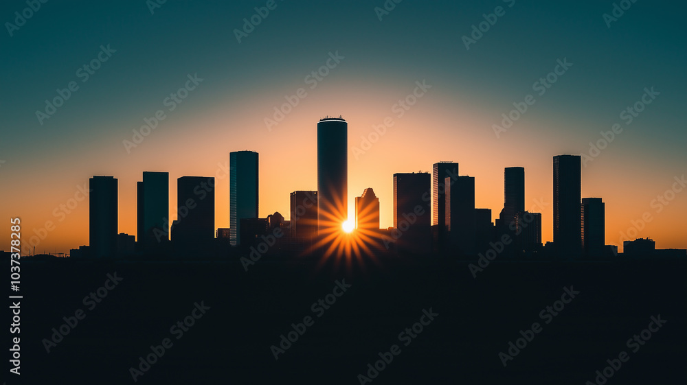 The towering cityscape as the sun rises behind tall buildings The towering cityscape as the sun rises behind tall buildings
