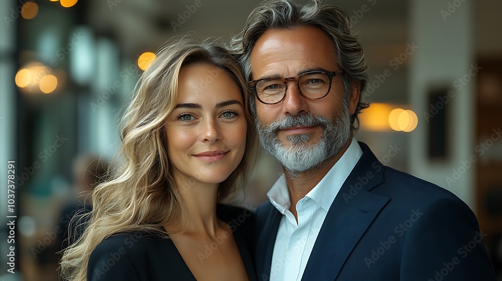 Thoughtful middle-aged man and woman in formal business attire, standing together in front of a white glass wall in a sleek office Thoughtful middle-aged man and woman in formal business attire, standing together in front of a white glass wall in a sleek office