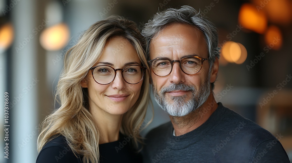 Businessman and businesswoman in their mid-40s posing in a sleek office space, wearing glasses and formal clothing Businessman and businesswoman in their mid-40s posing in a sleek office space, wearing glasses and formal clothing