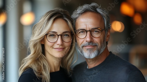 Businessman and businesswoman in their mid-40s posing in a sleek office space, wearing glasses and formal clothing