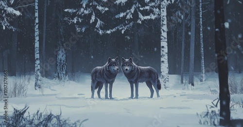 Two Wolves in Cold Winter Forest. Ai generation.