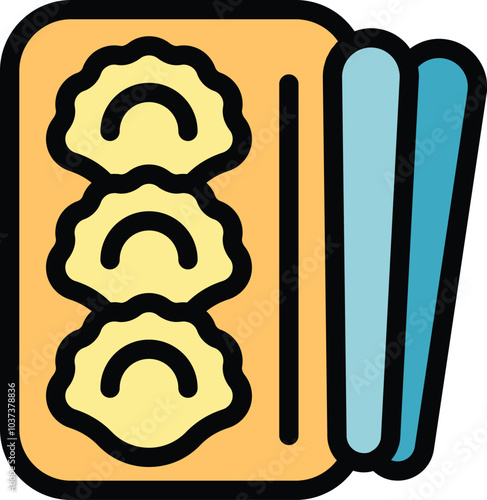 Colorful icon of a box filled with delicious dumplings, ready to be enjoyed with chopsticks, representing chinese food