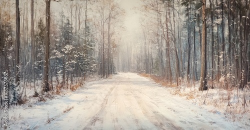 Winter Forest Road View. AI generated illustration.