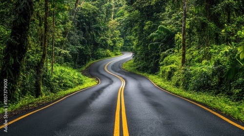 A scenic road through a rainforest with thick greenery on both sides. Travel banner. Road trip 