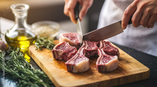 A person cutting raw lamb chops on a kitchen cutting board, with fresh rosemary and olive oil beside the meat, preparing ingredients for cooking --chaos