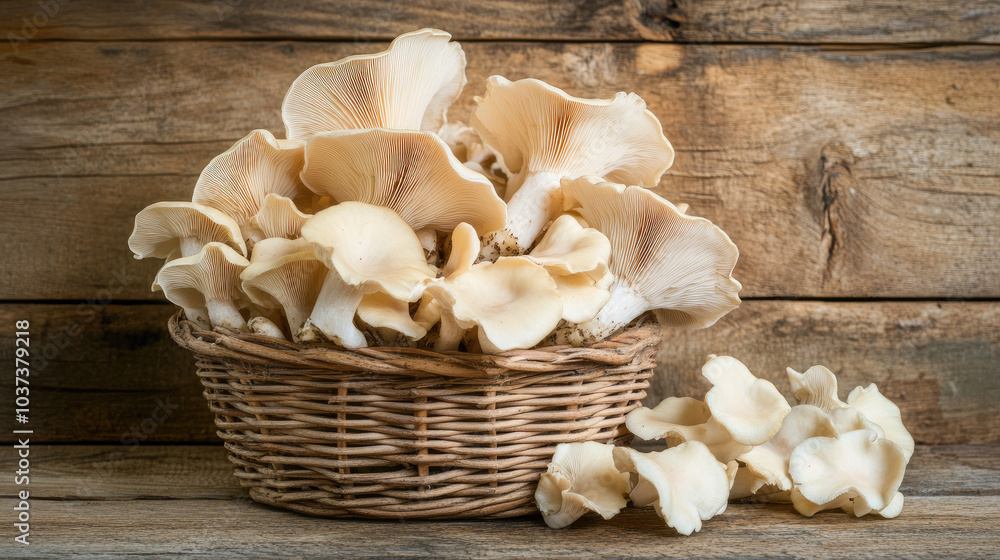 Fototapeta premium A pile of fresh Pleurotus eryngii mushrooms arranged in a wicker basket, set against a rustic wooden background for a natural, organic look --chaos