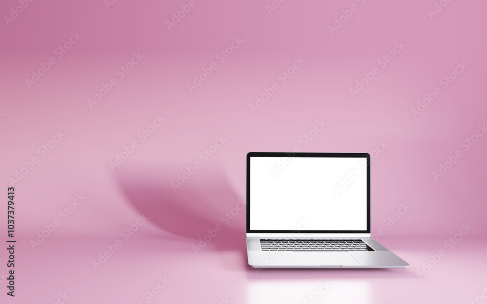 Notebook and labtop mockup on pink background. 3D Notebook with white screens front view for Promotion marketing. Notebook and labtop mockup on pink background. 3D Notebook with white screens front view for Promotion marketing.