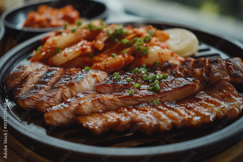 Korean barbeque with kimchi on grilled pan, Selective focus grilled steak and pork with grilled mark , Close up shot charcoal grilled beef with pickled. Korean barbeque with kimchi on grilled pan, Selective focus grilled steak and pork with grilled mark , Close up shot charcoal grilled beef with pickled.