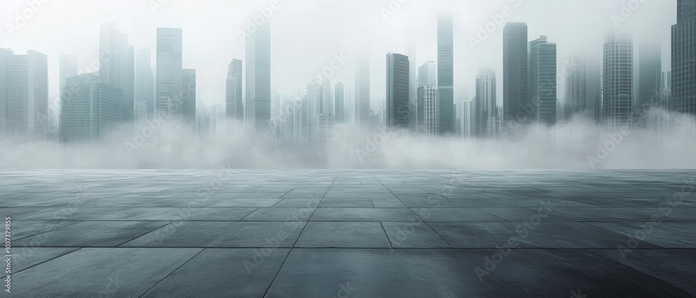 Foggy Skyline. Urban Cityscape with Open Concrete Foreground Foggy Skyline. Urban Cityscape with Open Concrete Foreground