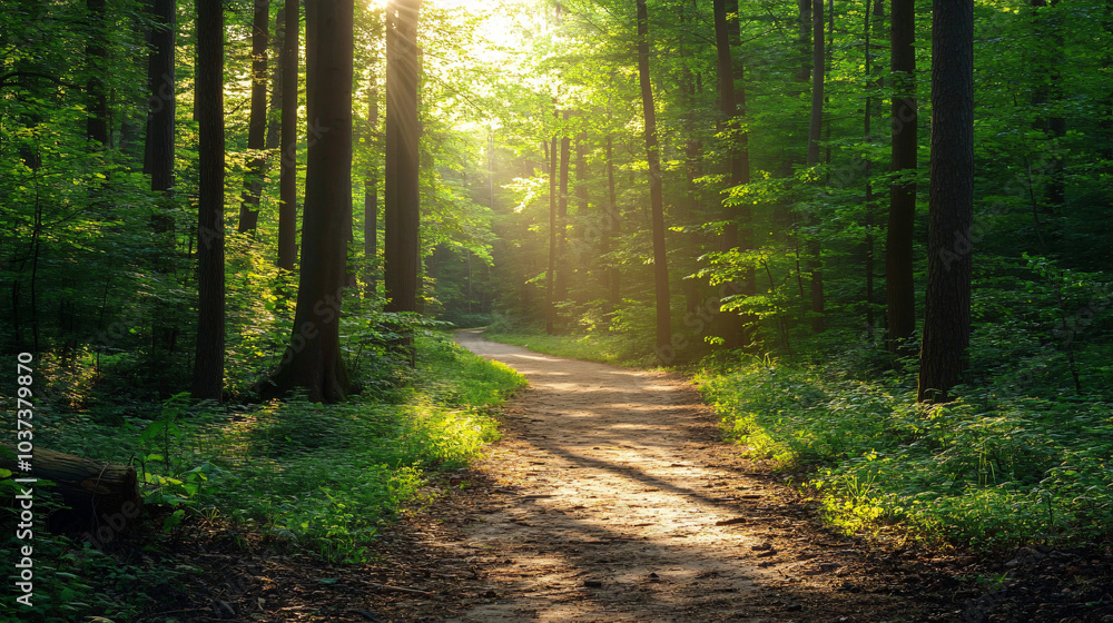 A path winding through a dense forest, dappled sunlight filtering through the leaves. A path winding through a dense forest, dappled sunlight filtering through the leaves.