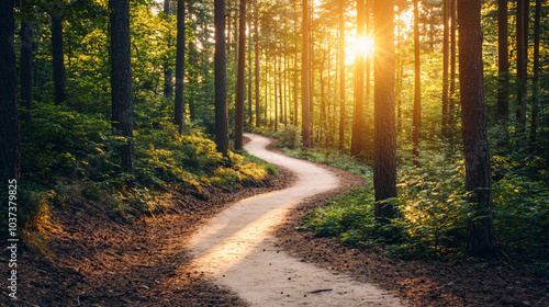 A path winding through a dense forest, dappled sunlight filtering through the leaves.