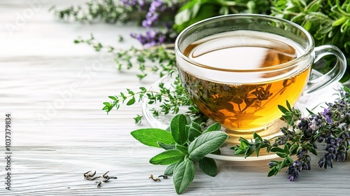 Herbal Tea in a Glass Cup with Fresh Herbs