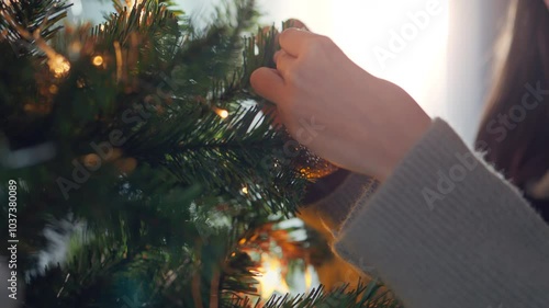 Close-up hand of woman decorating Christmas tree with baubles balls on the background of festive lights at home on calm winter evening, Christmas and new year concept. photo