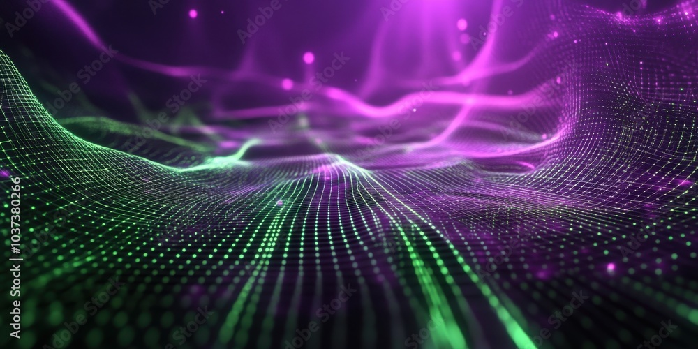 Futuristic neon waves: abstract digital landscape with purple and green grid Futuristic neon waves: abstract digital landscape with purple and green grid