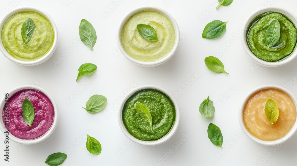A variety of colorful sauces in bowls, garnished with basil leaves. A variety of colorful sauces in bowls, garnished with basil leaves.
