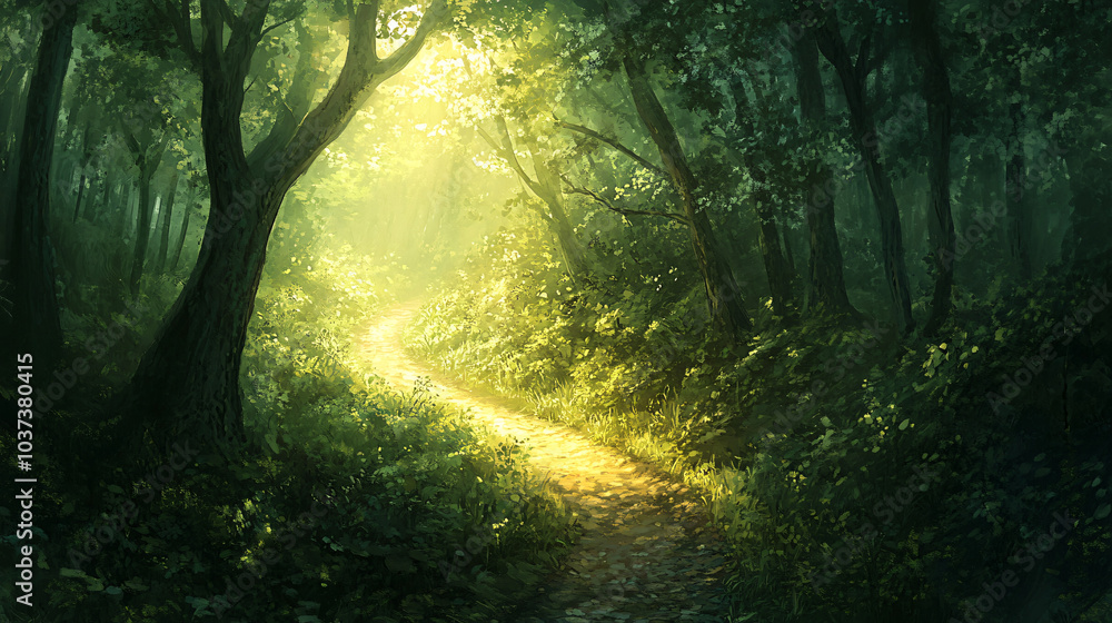 Fototapeta premium A path winding through a dense forest, dappled sunlight filtering through the leaves.