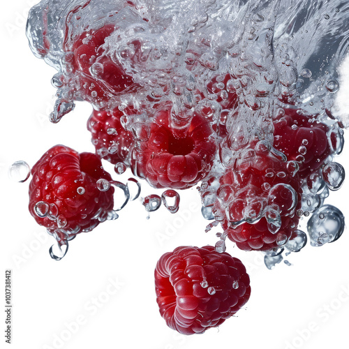 Raspberry berries with splashes of water on a transparent background png
