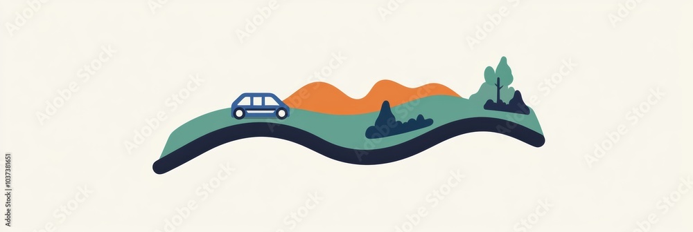 A small, minimalist car navigates a winding road surrounded by hills and trees under clear skies. Generative AI A small, minimalist car navigates a winding road surrounded by hills and trees under clear skies. Generative AI