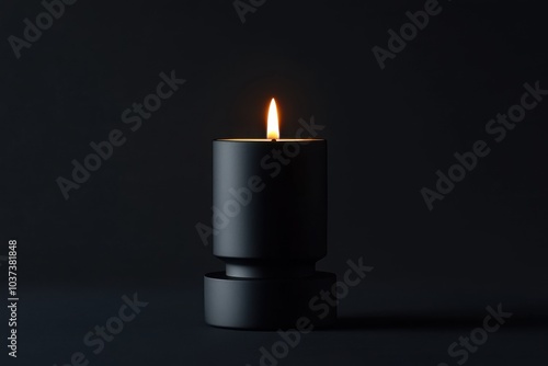 Minimalist black candle with a flame in a sleek matte holder providing a calming ambiance