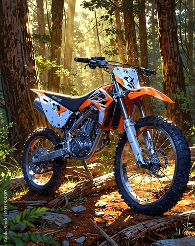 Dirt Bike in Dense Pine Forest with Needles and Sunshine