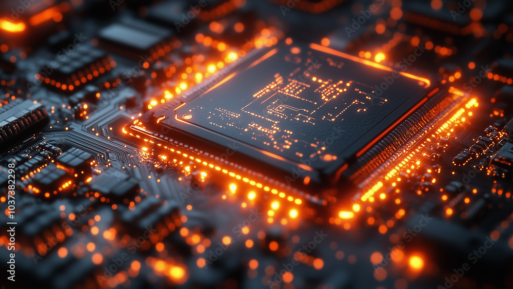 A circuit board structure showcasing a central IC and luminous dots on a dark background. For technology, innovation, and futuristic wallpapers. A circuit board structure showcasing a central IC and luminous dots on a dark background. For technology, innovation, and futuristic wallpapers.
