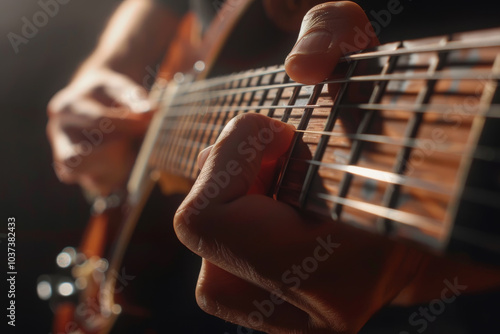 A musician skillfully strums a guitar, focusing intently on the strings while an intimate atmosphere is created by the low lighting surrounding the performance