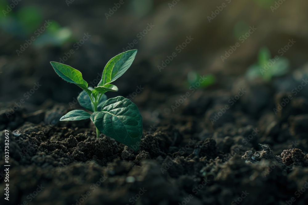 A small green plant breaks through the dark soil, basking in gentle morning light. Nearby, other seedlings are also beginning to sprout, showcasing new life