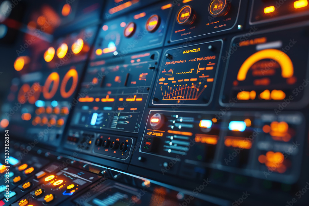 A complex control panel featuring glowing gauges and buttons in vibrant orange and blue colors set against a dark backdrop, highlighting its technological sophistication and design intricacies A complex control panel featuring glowing gauges and buttons in vibrant orange and blue colors set against a dark backdrop, highlighting its technological sophistication and design intricacies
