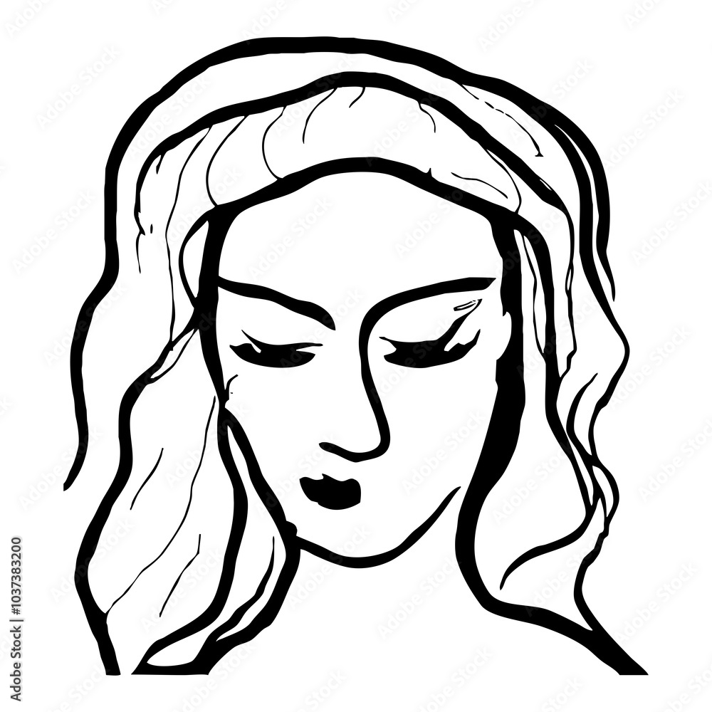 Fictional female character. Black and white line art. Logo design for use in graphics. T-shirt print, tattoo design. Fictional female character. Black and white line art. Logo design for use in graphics. T-shirt print, tattoo design.