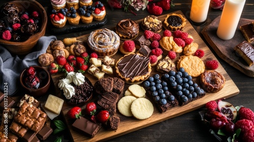 A mouthwatering dessert charcuterie board with a selection of cakes, tarts, and cookies