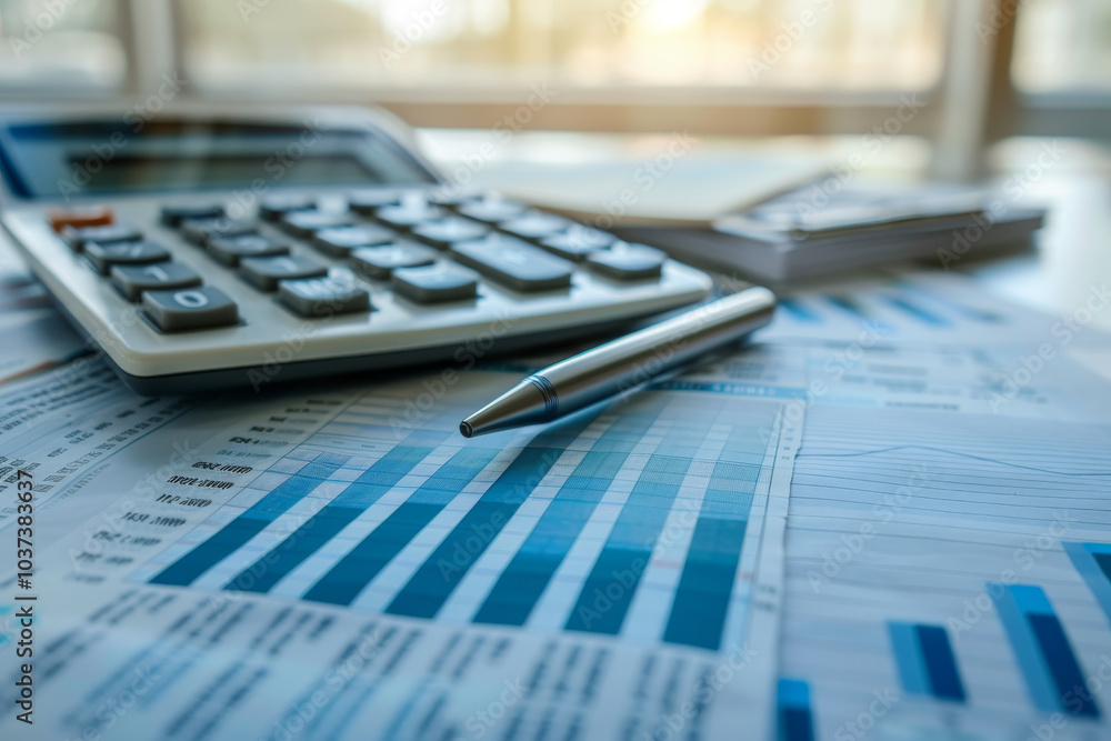 A calculator sits next to a pen on a table covered with financial reports and charts, indicating an analysis of budget data in a bright office setting A calculator sits next to a pen on a table covered with financial reports and charts, indicating an analysis of budget data in a bright office setting