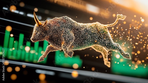 Digital illustration of a glowing bull symbolizing a bullish stock market trend with graphs in the background.