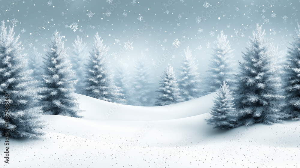 Winter landscape with snow-covered pine trees and snowflakes falling from a cloudy sky, creating a peaceful serene holiday season atmosphere Winter landscape with snow-covered pine trees and snowflakes falling from a cloudy sky, creating a peaceful serene holiday season atmosphere